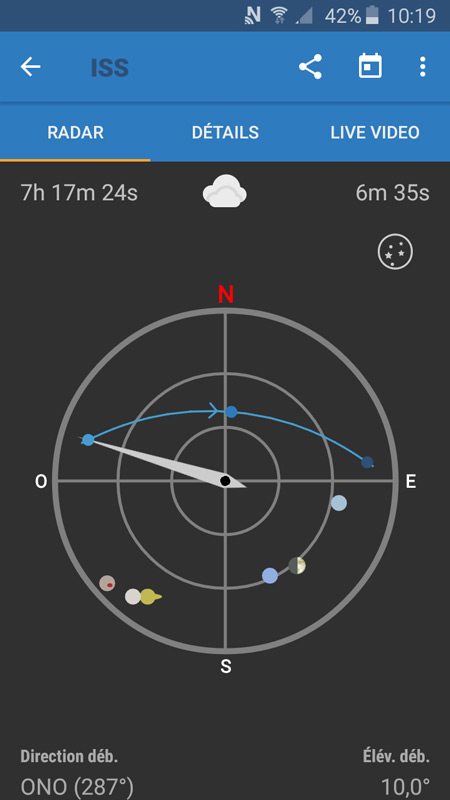 Capture d'écran de l'application ISS Detector (carte d'un passage d'ISS). 