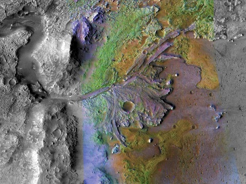 Vue de desus du cratère Jezero où va se poser Mars 2020.