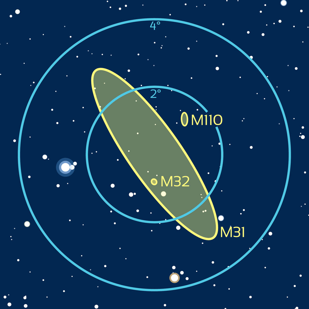 Carte de repérage aux instruments de M31 et des galaxies satellites M32 et M110 dans Andromède.