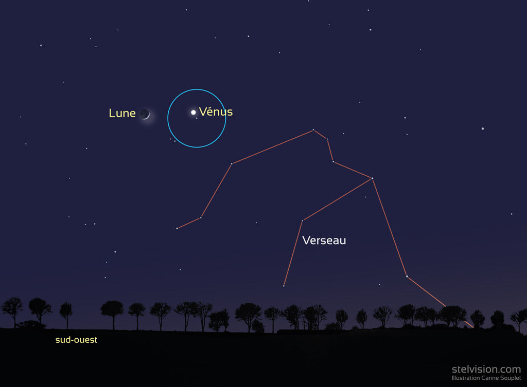 Illustration montrant la position de la Lune et de Vénus le 28 janvier 2020 vers 19h (heure de Paris). 