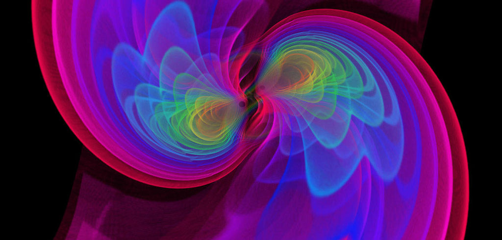 Vue d’artiste de deux trous noirs qui, en fusionnant, émettent des ondes gravitationnelles.
crédit: CNRS, Numerical-relativistic Simulation: S. OSSOKINE, A. BUONANNO (Max Planck Institute for Gravitational Physics). Scientific Visualization : W. BENGER (Airborne Hydro Mapping GmbH)