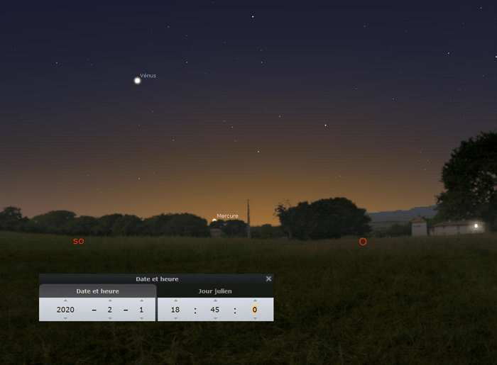 Animation de la position de Mercure dans le ciel du soir, du 1er au 20 février 2020, vu depuis le centre de la France à 18h45 (heure légale).
Crédit : Stellarium/Stelvision