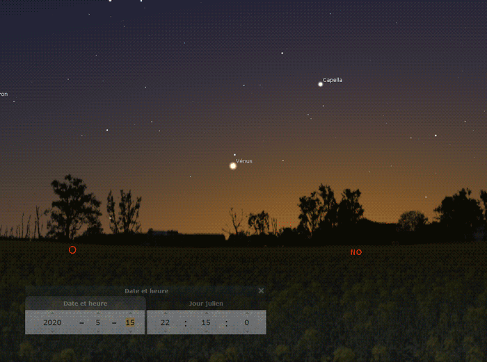 Animation de la position de Mercure dans le ciel du soir, du 15 mai au 10 juin 2020, vu depuis le centre de la France à 22h15 (heure légale).
Crédit : Stellarium/Stelvision
