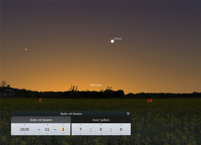 Animation de la position de Mercure dans le ciel du matin (vers l'est), du 1er au 20 novembre 2020, vu depuis le centre de la France à 7h (heure légale).
Crédit : Stellarium/Stelvision