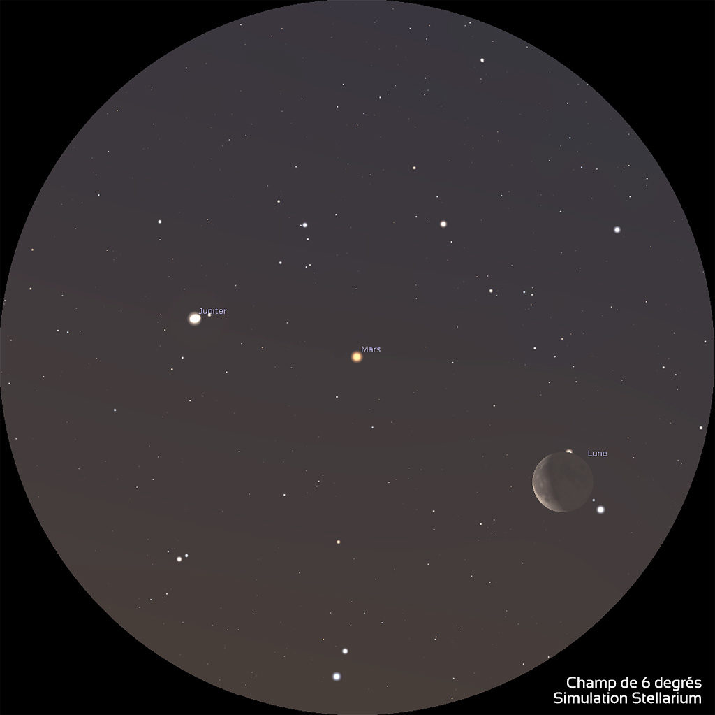 Aspect aux jumelles 10x50 du rapprochement planétaire du 18 mars 2020, vers 6h15 (heure de Paris). On voit le croissant de Lune à droite, Mars au centre et Jupiter à gauche du champ.