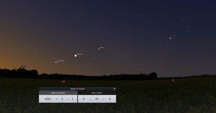 Animation montrant les planètes Mars, Jupiter et Saturne qui se rapprochent progressivement dans le ciel du matin (vers 6h45) au début de mars 2020.