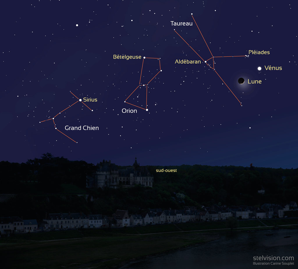 Aspect du ciel vers 20h30 (heure de Paris) le 28 mars 2020, vers le sud-ouest. On voit les constellations du Grand Chien, d'Orion, du Taureau, Vénus et la Lune.