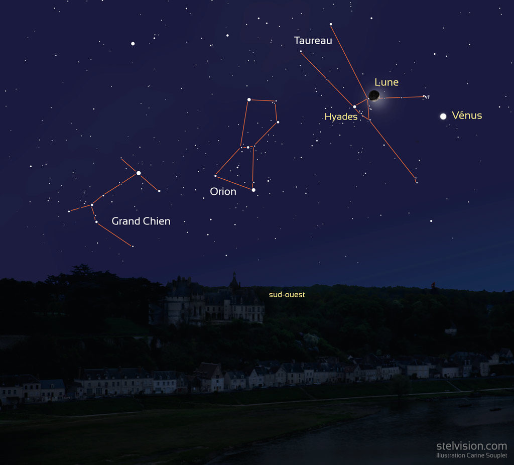 Aspect du ciel vers 21h30 (heure de Paris) le 29 mars 2020, vers le sud-ouest. On voit les constellations du Grand Chien, d'Orion, du Taureau, Vénus et la Lune.