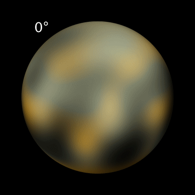 Animation qui montre la planète Pluton en rotation. L'animation est reconstituée à partir des images du télescope spatial Hubble, donc de très loin : la surface est donc un mélange de zones floues entre le noir et le jaune.