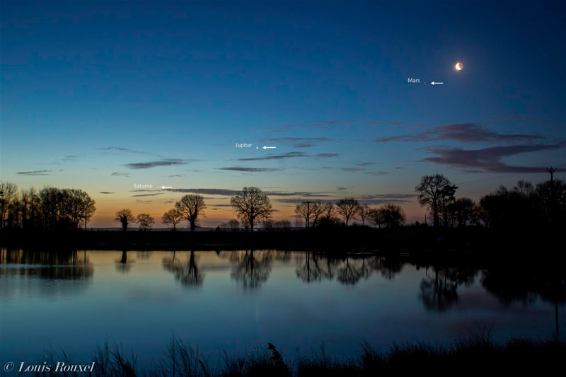 Photo montrant la Lune, Mars, Jupiter et Saturne dans le ciel du matin au dessus d'un lac. Photo de Louis Rouxel