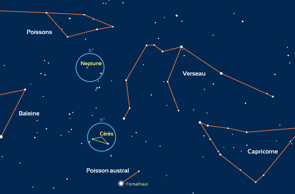 Carte des positions de Neptune et Cérès (invisibles à l'œil nu) dans la nuit du 22 au 23 juillet 2020. Pour les autres dates, les positions sont légèrement différentes. Les cercles bleus correspondent au champ d'une paire de jumelles 10x50 (6°).