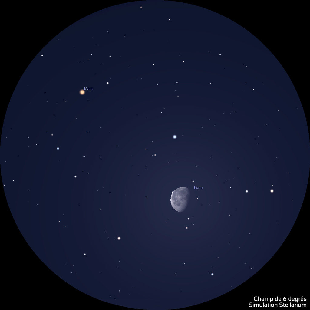 La Lune et Mars vues dans le champ d'une paire de jumelles, vers 5h45 heure de Paris. Les deux astres sont visibles ensemble et ne sont séparés que de 3° environ. La Lune a un aspect gibbeux, Mars est orangée.