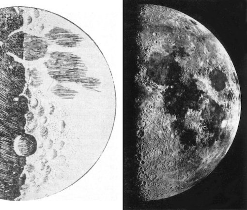 Croquis de la Lune par Galilée, sans doute dessiné au crayon gris ou noir sur fond blanc. On y voit la Lune éclairée de moitié par un rayonnement solaire provenant de la droite de l'image. Plusieurs cratères sont représentés.