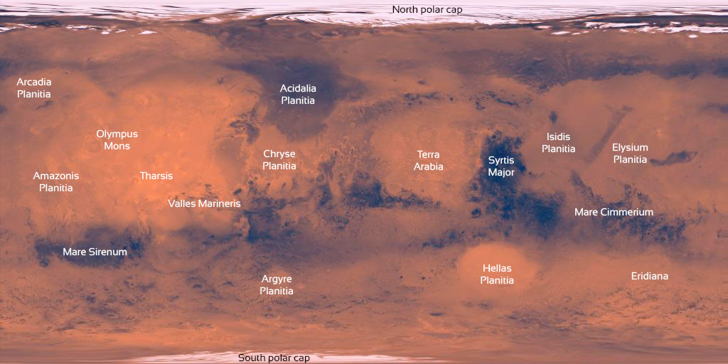 Map of the surface of Mars with key