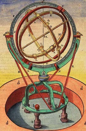 Dessin d'un instrument de Tycho Brahe : comme un globe creux, la sphère armillaire est représenté en vert, rouge et doré.