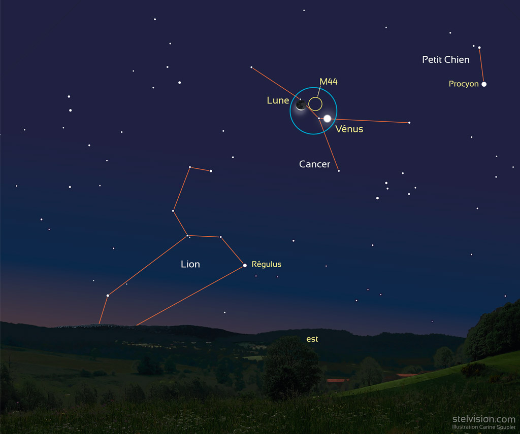 Illustration montrant Vénus et le croissant de Lune près de l'amas stellaire M44 dans la constellation du Cancer, au matin du 14 septembre 2020.