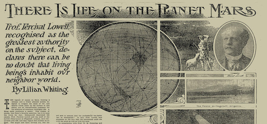 Extrait en noir et blanc d'une page du New York Times faisant référence à la présence de vie sur Mars, appuyée par Percival Lowell. 