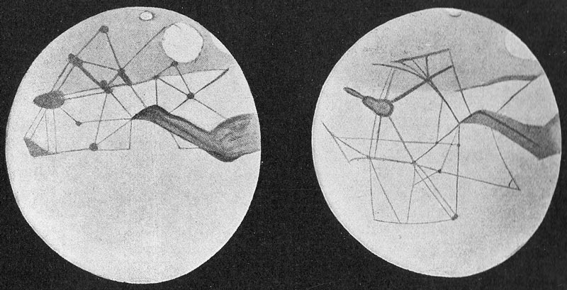 Deux cercles gris clair qui représentent les deux faces de Mars, avec des intersections de traits gris foncé qui représentent les canaux. Aux intersections, des cercles et ovales correspondent aux lacs et oasis entre les canaux.