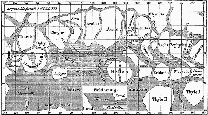 Planisphère en noir et blanc qui représente la surface de Mars : on y voit des bras noirs qui entourent différents cratères et plaines.