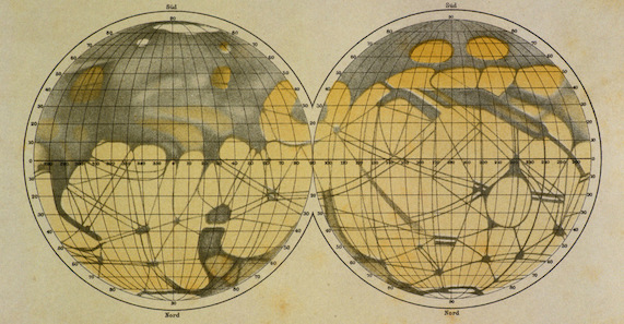 Croquis des canaux de Mars en gris sur fond jaunâtre. On y voit les deux faces de la planète où une sorte de toile d'araignée grise et diffuse représente les canaux de Mars.