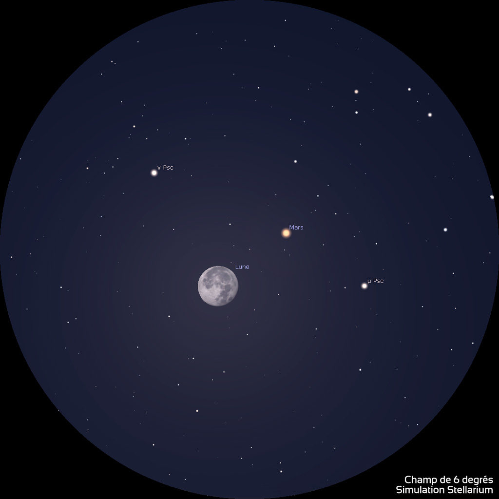 Illustration montrant le rapprochement entre la Lune et Mars, le 3 octobre 2020 vers 7h (heure de Paris) tel qu'on peut le voir dans des jumelles de type 10x50.