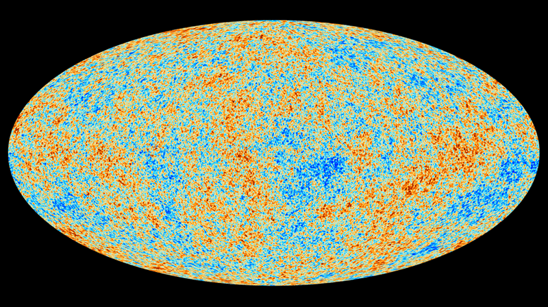 Carte du fonds diffus cosmologique : on voit une forme ovoïdale aplatie, avec les caractéristiques du CMB sous forme de taches orange et bleu.