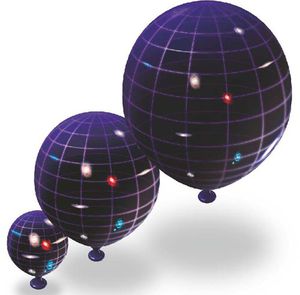 Représentation de l'Univers sous forme de trois ballons, de plus en plus gros, avec à leur surface les galaxies qui s'éloignent les unes des autres mais sans être modifiées. 