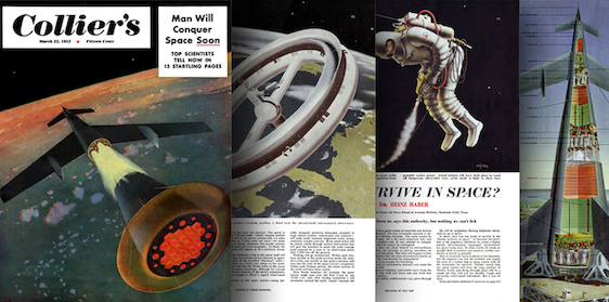 Quatre pages de la série de récits Man will conquer space soon illustrées par Chesley Bonestell. Sur la première à gauche on voit une fusée qui se détache de son lanceur au-dessus de l’atmosphère terrestre, sur la deuxième une station spatiale de forme circulaire en orbite, sur la troisième un astronaute en tenue et scaphandre dans l’espace et sur la dernière la coupe légendée d’une fusée au décollage.