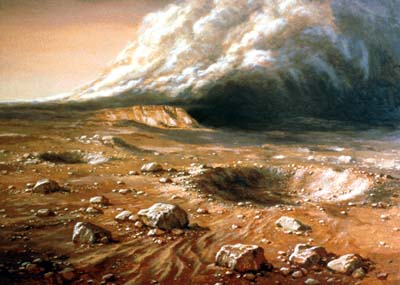 Peinture où l’observateur se trouve à la surface de Mars, devant un petit cratère. Le sol est orange foncé marron, parsemé de cailloux, et en arrière plan on voit un immense nuage grisâtre qui représente une tempête martienne.
