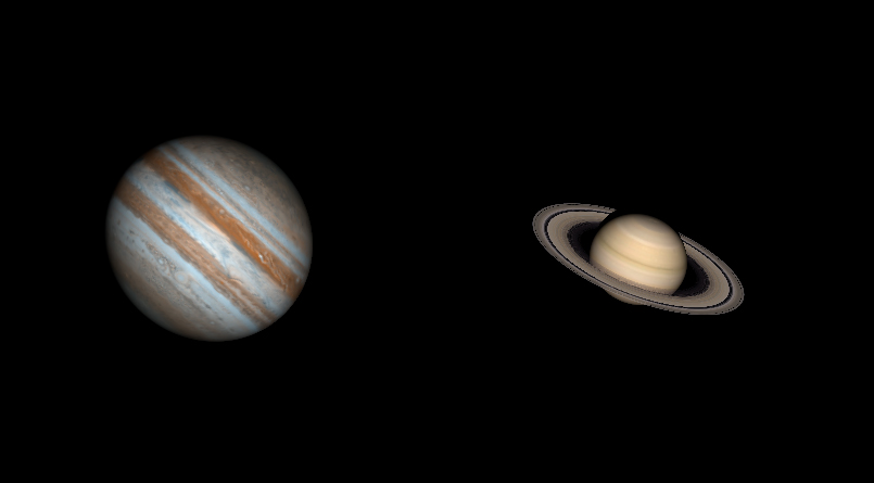 Taille comparée de Jupiter et Saturne le 21 décembre 2020. Onvoir les bandes nuageuses de différentes couleurs sur Jupiter et les anneaux de Saturne avec la division de Cassini.