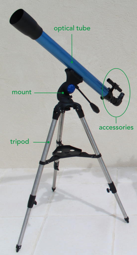 Telescope photo showing the optical tube, the mount, and the accessories.