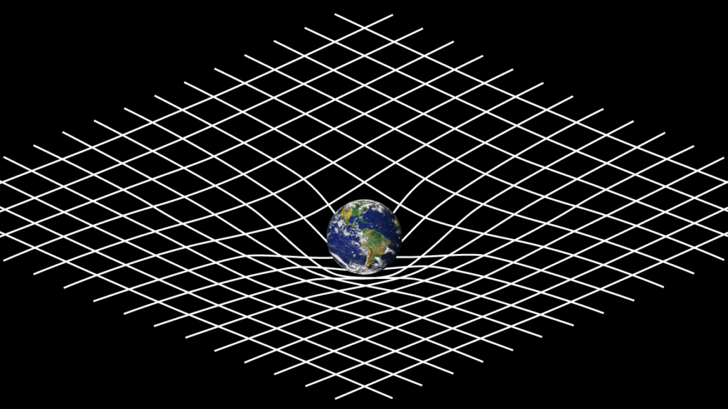 Représentation de l'espace-temps courbe en relativité générale : sur fond noir, la Terre est comme posée sur un quadrillage blanc, qui plie sous sa masse (comme une boule sur un drap)