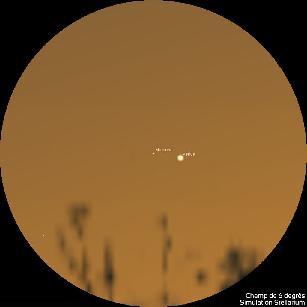 Illustration montrant Mercure à gauche de Vénus dans le ciel du crépuscule, telles qu'on les perçoit dans une paire de jumelles, le 28 mai 2021 vers 22h.