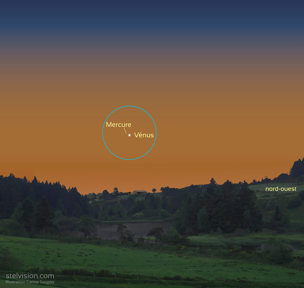 Illustration montrant Mercure et Vénus le 28 mai 2021 à l'oeil nu. Mercure est à peine visible, à gauche de l'étincelante Vénus.