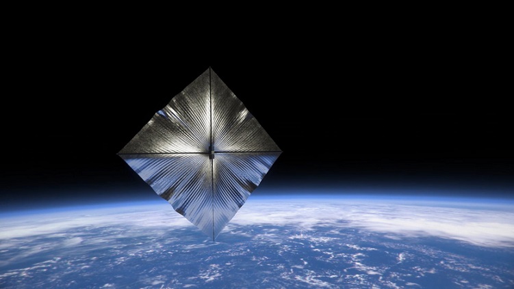 Vue d'artiste d'une voile solaire construite par l'homme : au dessus de l'atmosphère terrestre, on voit un losange géant, de couleur gris métallisé, dans lequel se réfléchit la lumière du Soleil.