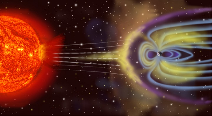 Vue d'artiste des particules éjectées du Soleil (boule rouge orangé à la gauche de l'image) et de leur parcours vers jusqu'à la magnétosphère terrestre. Les lignes de champ de la magnétosphère sont représentées en bleu autour de la Terre sur la droite de l'image. 