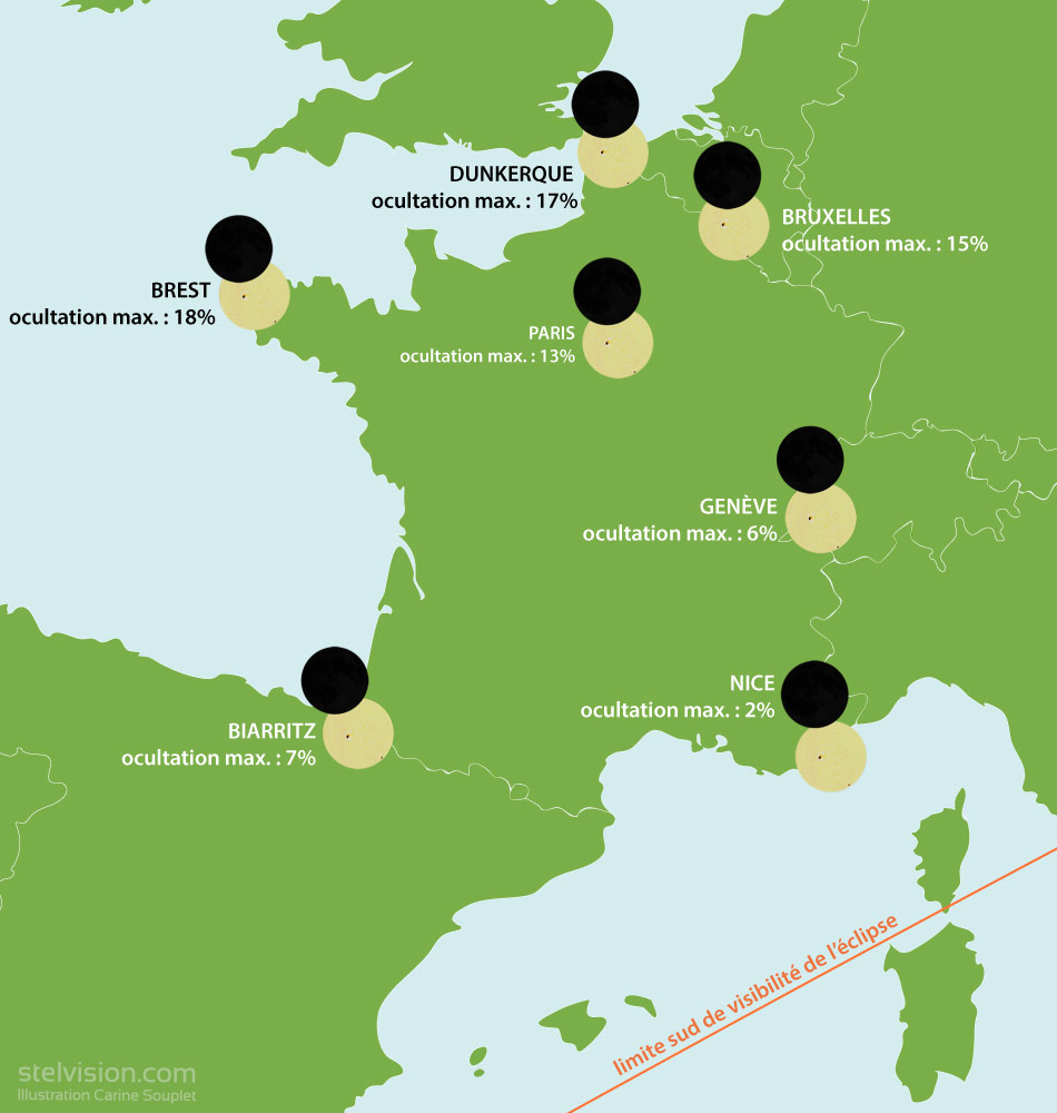 Carte de la France avec le pourcentage d'occultation du Soleil par la Lune selon la ville, par exemple 17% à Dunkerque, 7% à Biarritz, 2% à Nice.