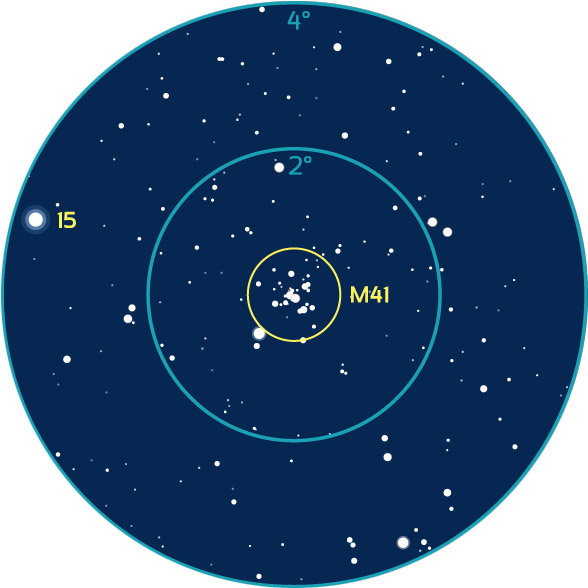 Repérage aux instruments de M41 dans le Grand Chien. Les cercles bleus représentent des champs de 4° (typique d’un chercheur) et 2° (champ d’un oculaire classique grossissant 25 à 30 fois).