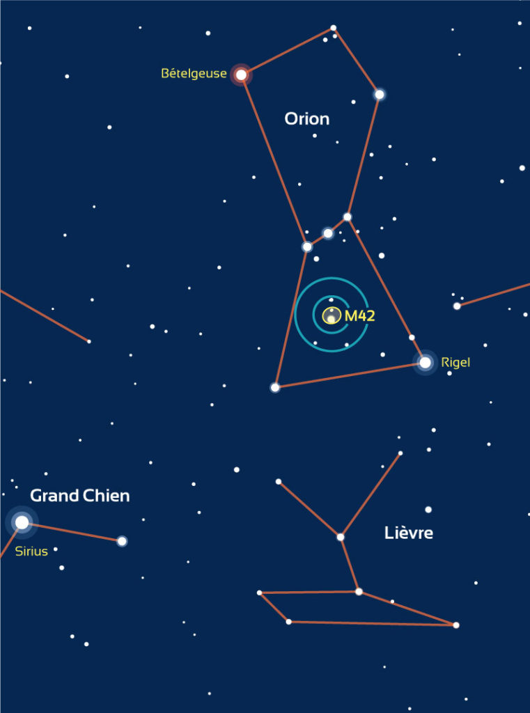 Repérage de la zone où se situe M42 dans Orion.