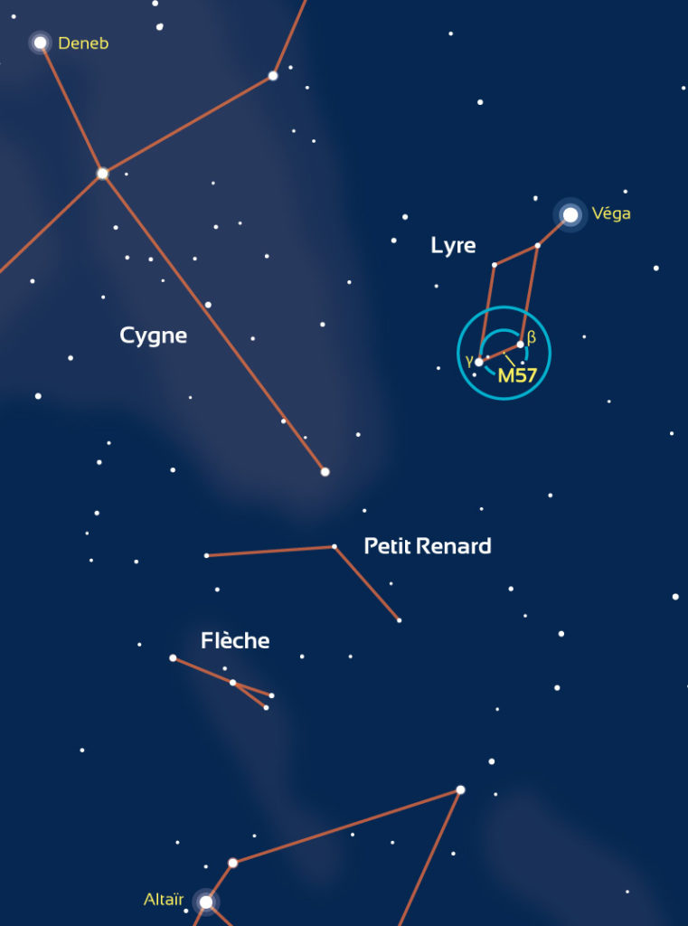 Repérage de la zone où se situe M57 dans la Lyre. Les cercles bleus représentent des champs de 4° (typique d’un chercheur) et 2° (champ typique d’un pointeur à mire circulaire).