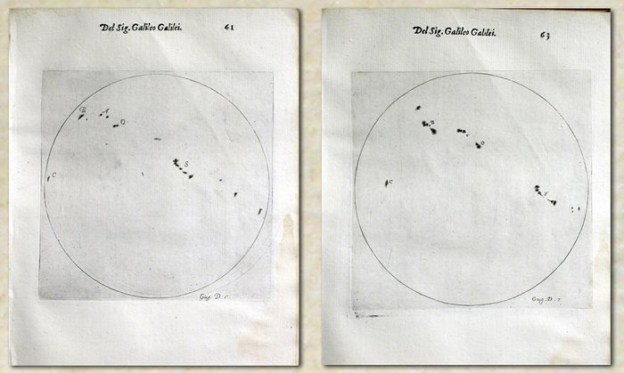 Deux feuilles blanches côte à côte, sur chacune desquelles est dessiné un cercle (le Soleil) et des petites taches noires, les taches solaires.