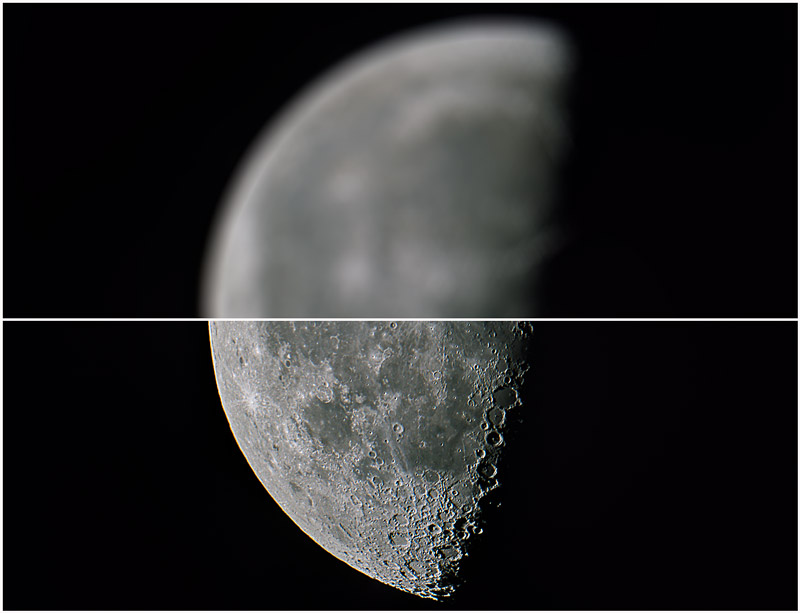 Image d'un quartier de Lune coupée en deux. La partie haute montre la Lune floue car la mise au point n'est pas bonne. La partie basse montre la Lune nette, car la mise au point est faite.