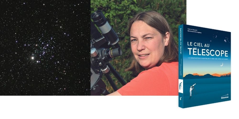 Bandeau photos avec le livre Le Ciel au télescope, l'auteure Carine Souplet et les constellations de l'amas de la chouette