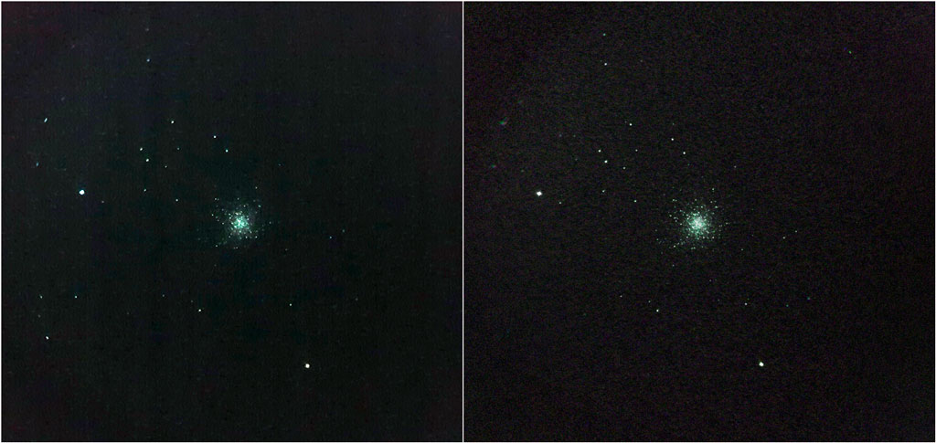 Photo comparative de M13 : l'image de droite montre l'amas globulaire avec plus d'étoiles en son centre.