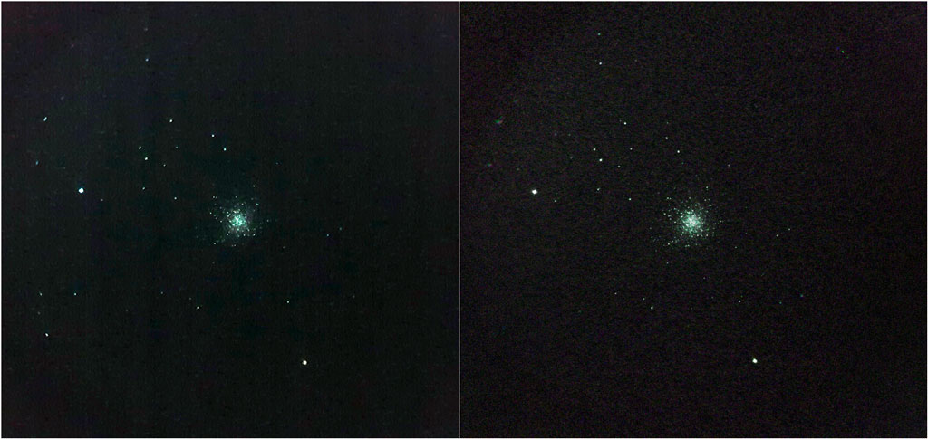 Photo comparative de M13 : l'image de droite montre l'amas globulaire avec plus d'étoiles en son centre.