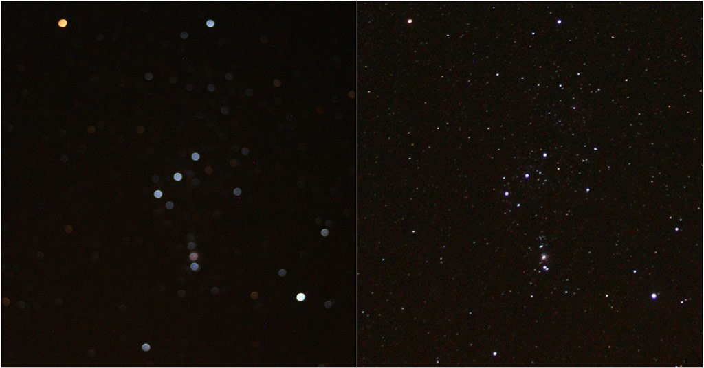 Deux photos comparatives de la constellation d'Orion. A gauche, les étoiles forment des disques car la mise au point est imparfaite. A droite, la mise au point est correcte et les étoiles ont l'aspect de points. On voit aussi beaucoup plus de détails sur l'image de droite.