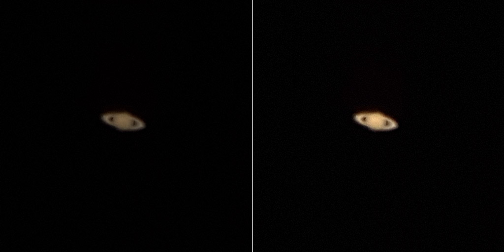 Deux photos comparatives de la planète Saturne (planète avec un anneau), celle de droite est plus lumineuse que celle de gauche.