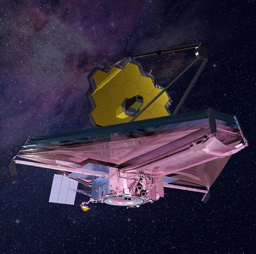 Vue d'artiste du JWST : sur un fond étoilé en couleurs bleu marine et violet, on voit le télescope en contre-plongée. En-dessous, une partie aux reflets rose, rappelant la forme d'un vaisseau Star Wars, et au-dessus un panneau constitué d'alvéoles dorées.