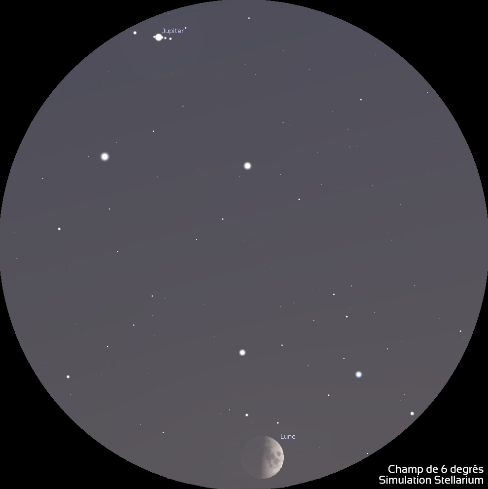 Illustration montrant le champ d'une paire de jumelles 10x50, avec Jupiter et ses satellites en haut à gauche et le quartier de lune en bas du champ.
