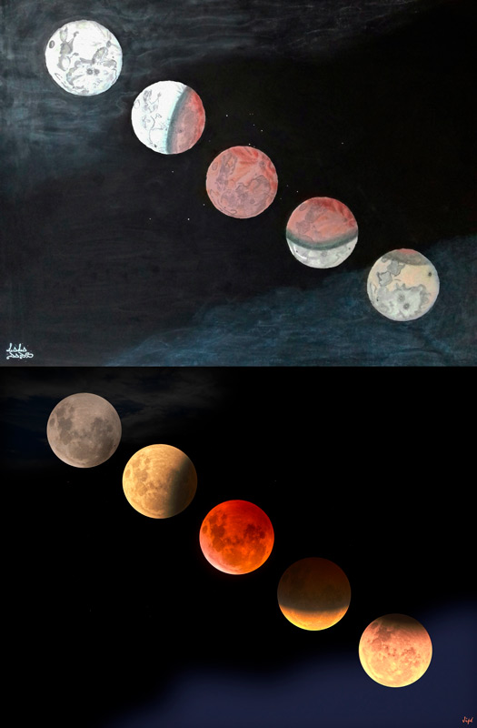 Photomontage montrant les différentes phases d'une éclipse de lune, avec les couleurs et les formes de l'ombre à différents moments. En haut, les différents globes sont dessinés, en bas, il s'agit de photos.